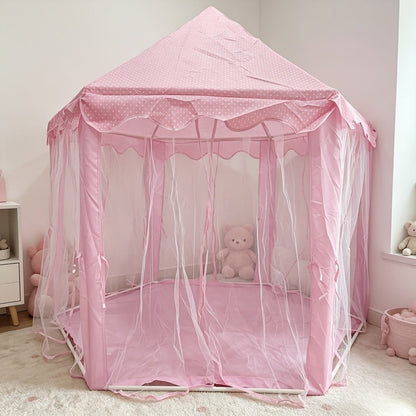 Pink Hexagonal Princess Play Tent with Sheer Mesh Door, Flower Print, 48-Inch Base and 52-Inch Height