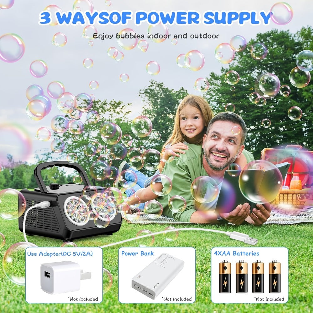 White Dual-Wheel Bubble Machine with Material Thickened Label, Handle, USB Port and Battery Compartment