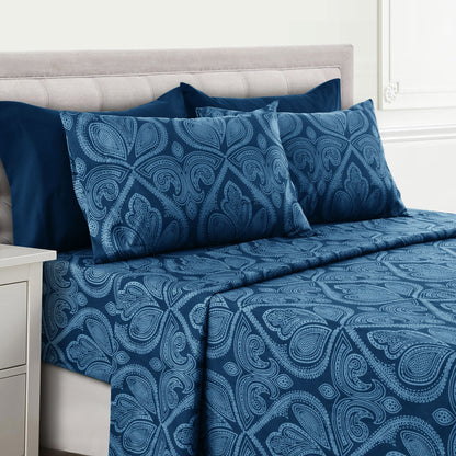 Bed Sheet Set Paisley Brushed Polyester in 4- or 6-Piece Sizing with 16-Inch Pocket and Wash Instructions
