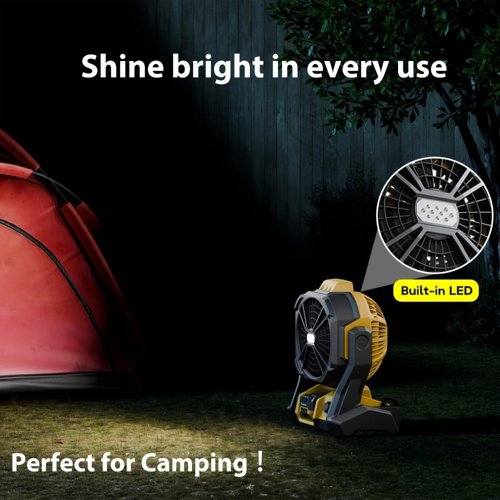 Cordless Jobsite Fan Compatible with DeWalt 20V Max Battery, LED Light Auto Oscillating 180° Tilt Adjustable Speed, Portable Battery Powered Fan with Hanging Hook for Camping, Garage and RV