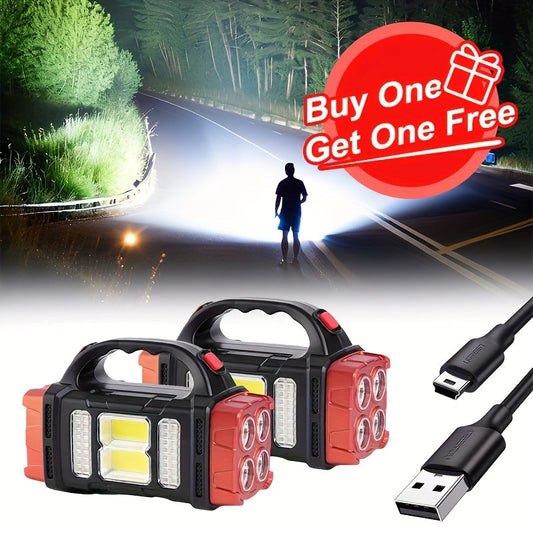 Flashlight Solar and USB-C Rechargeable 2-Pack with Four Front LEDs, Side COB Light and USB Output