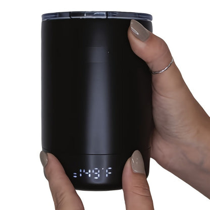 Black Powered Coffee Mug with Handle, Clear Lid, Bottom Display and USB-C Charging, 12-Ounce Label