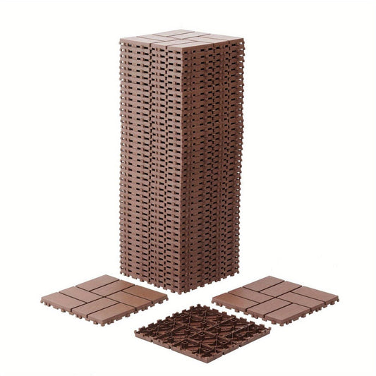 Gray 44-Piece Interlocking Deck Tile Set with 12-Inch Square Brick-Block Surface Pattern Pictured