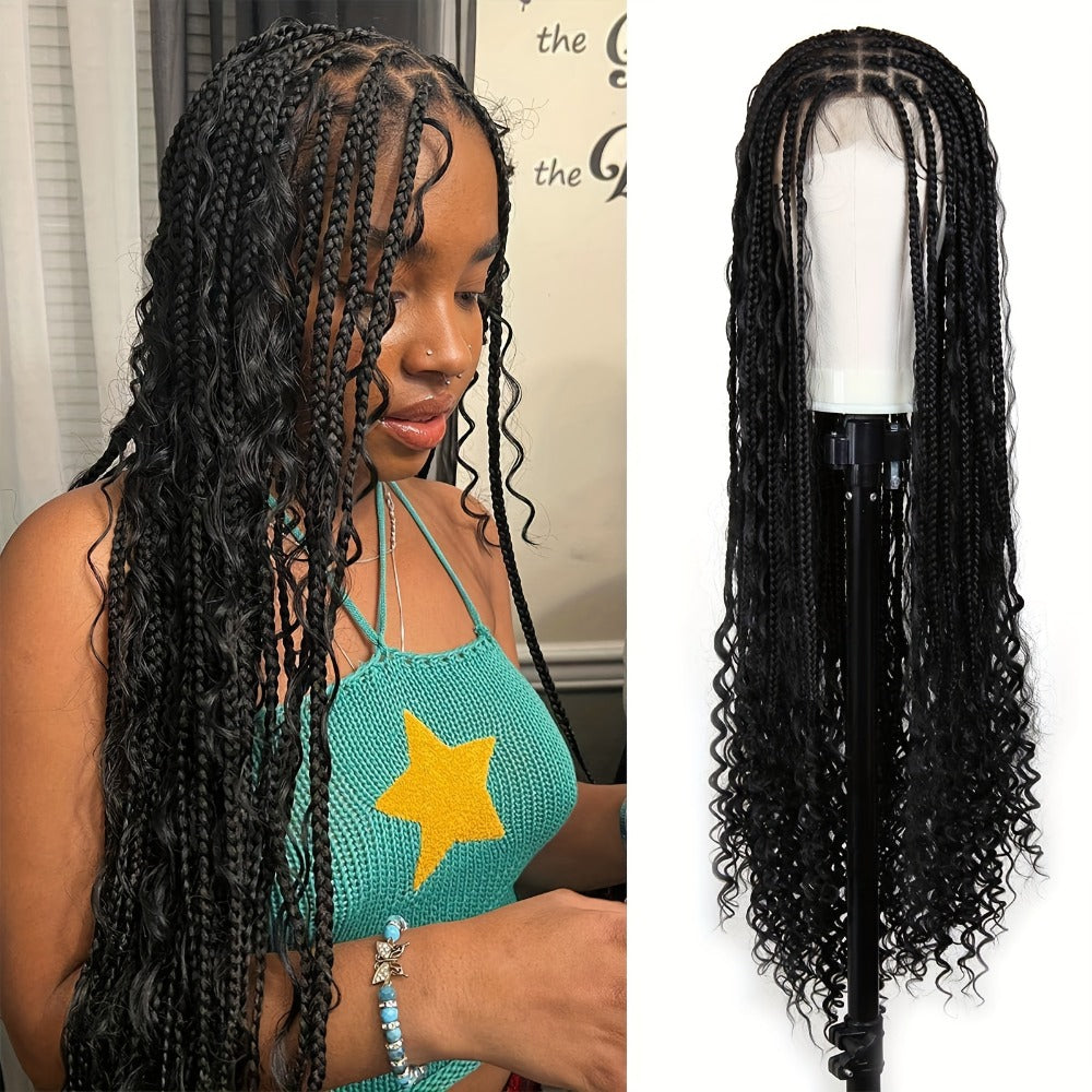 Extra-Long Black Box-Braid Wig with Curly Ends, Lace Cap and 48-Inch Checkout Length for Styling