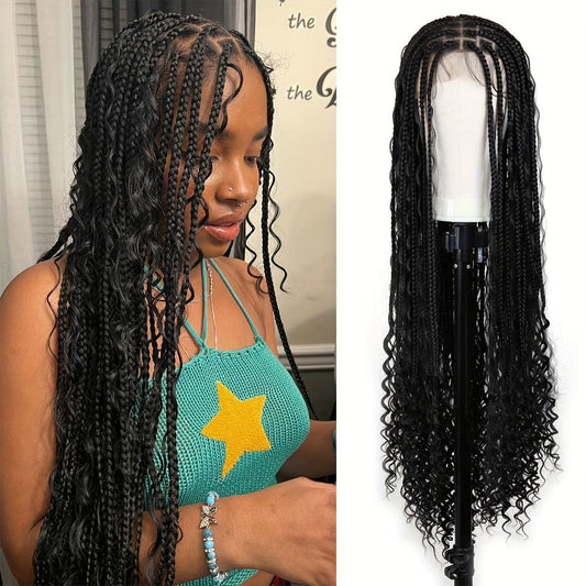 Box Braids Wig for Women 48 Inch Full Lace — Bohemian Braided Wig with Boho Curls, Black Lace Front Braid Wig for Halloween Cosplay Festival Party Protective Style
