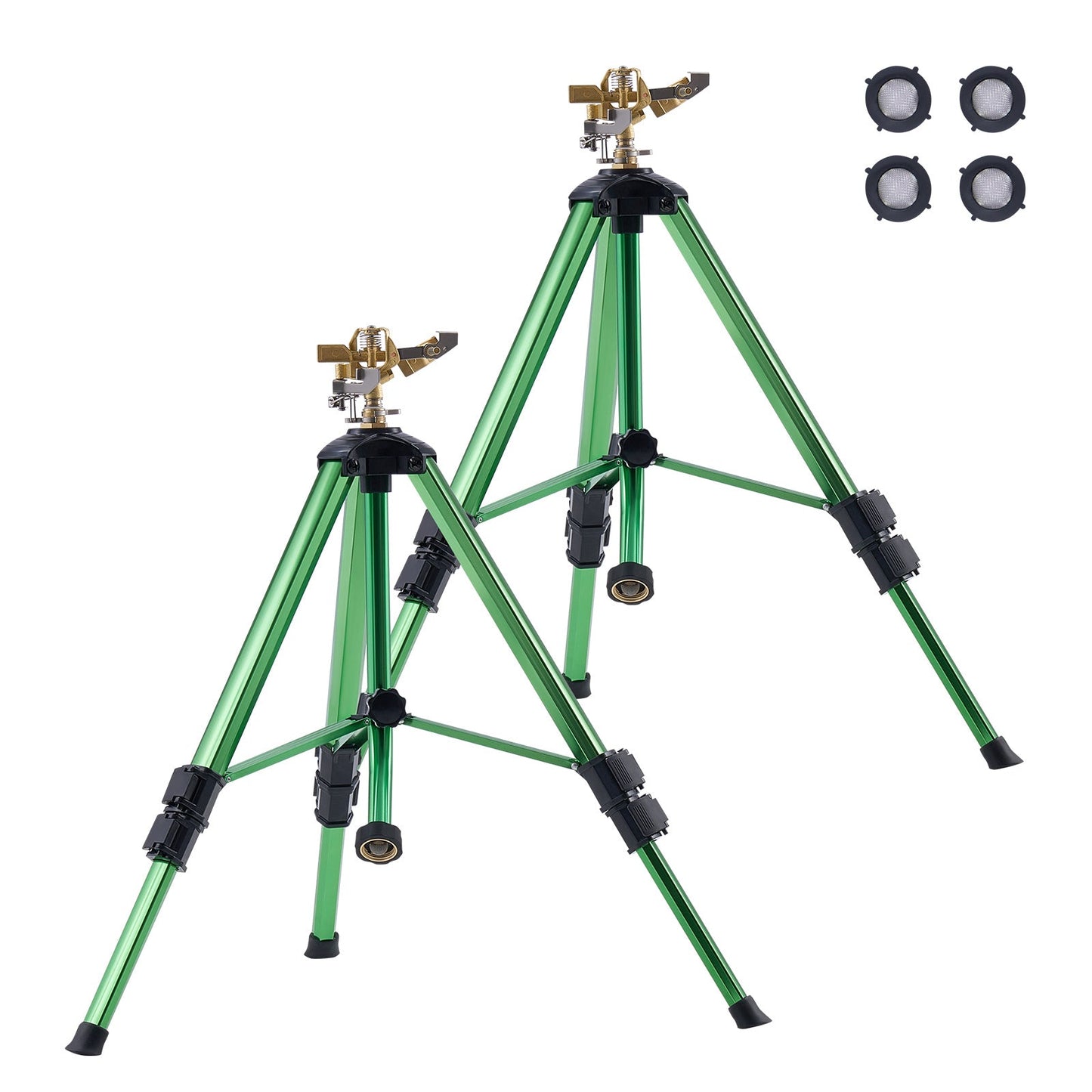 Green Tripod Garden Sprinkler with Rotating Brass Head, Adjustable Legs and Pictured 17- to 37-Inch Height
