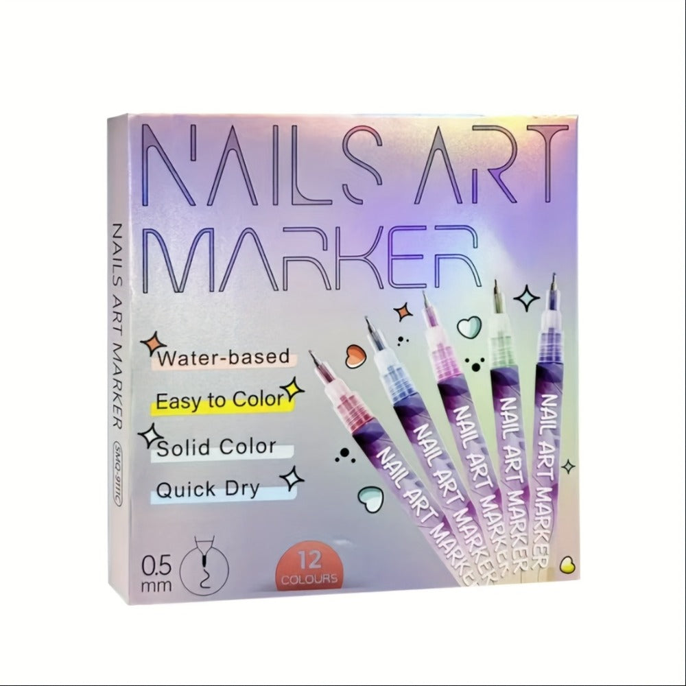 Nail Art Pens Set 12 Colors Quick Dry 3D Doodle Dot Stitching Nail Art Pen Kit - DIY Nail Design Tools for Home & Salon Use, Beginner & Professional Manicure Gift Set