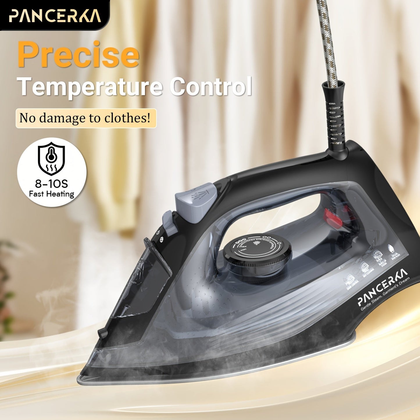 Black 1200W Steam Iron with Three Temperature Settings, Spray Button and Transparent Water Tank
