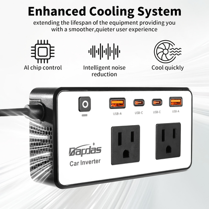 Car Inverter 200W DC 12V to AC 110V with Dual AC Outlets 24W USB-C Fast Charging 4 USB Ports Portable Laptop Phone Charger Adapter for Car Truck RV Travel