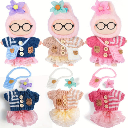 Three-Set Doll Clothes Collection for 17cm Plush Dolls with Knit Tops, Tulle Skirts, Hair Accents and Bags