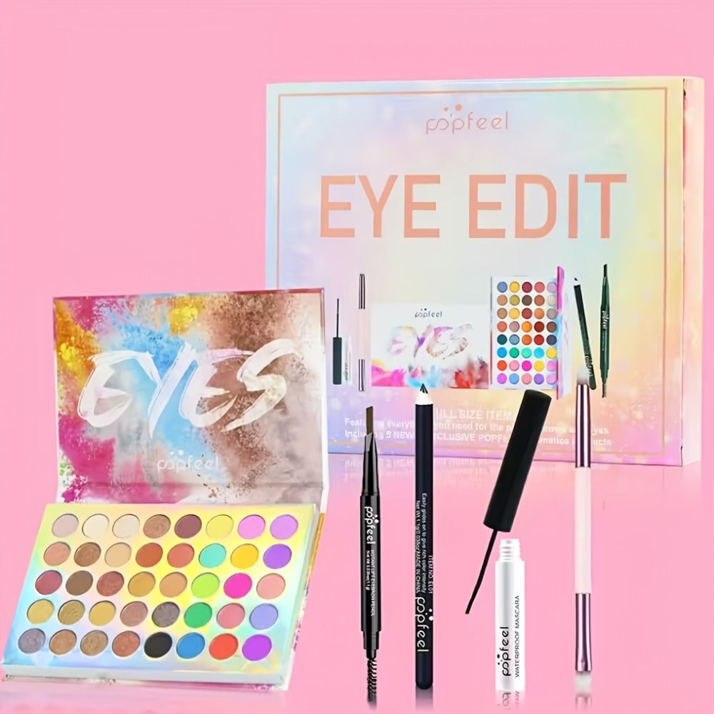 Makeup Gift Set POPFEEL 29-Color Eyeshadow Palette + Mascara + Eyeliner + Brow Pencil + Highlighter Powder + 7-Piece Brush Set | Complete Eye & Face Kit for All Skin Types | Beginner Friendly