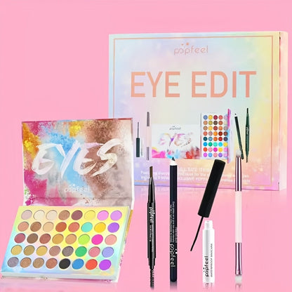 Makeup Gift Set POPFEEL 29-Color Eyeshadow Palette + Mascara + Eyeliner + Brow Pencil + Highlighter Powder + 7-Piece Brush Set | Complete Eye & Face Kit for All Skin Types | Beginner Friendly