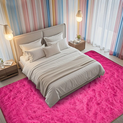Area Rug Fluffy Faux-Fur Shag in Solid, Tie-Dye and Ombre Colors with Six Retained Room Sizes