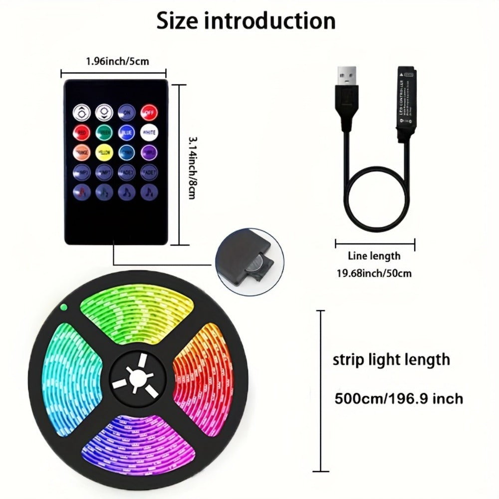 16.4ft USB-Powered RGB LED Strip Light Kit with Music Mode, 20-Key IR Remote and Indoor Setup Format