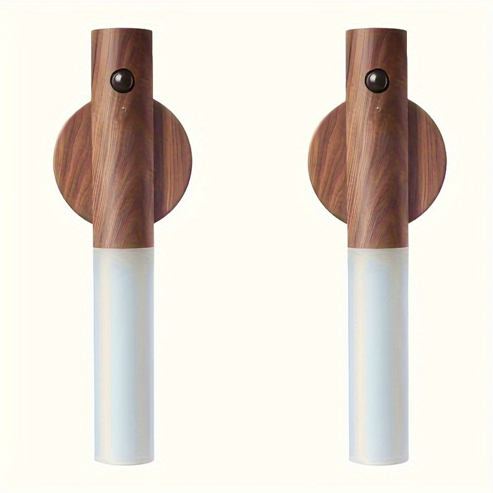 Night Light Motion Sensor Wall Lamp 2-Pack with USB Rechargeable Power, Magnetic Mount and Two Wood-Tone Finishes