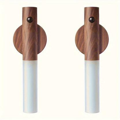 Night Light Motion Sensor Wall Lamp 2-Pack with USB Rechargeable Power, Magnetic Mount and Two Wood-Tone Finishes