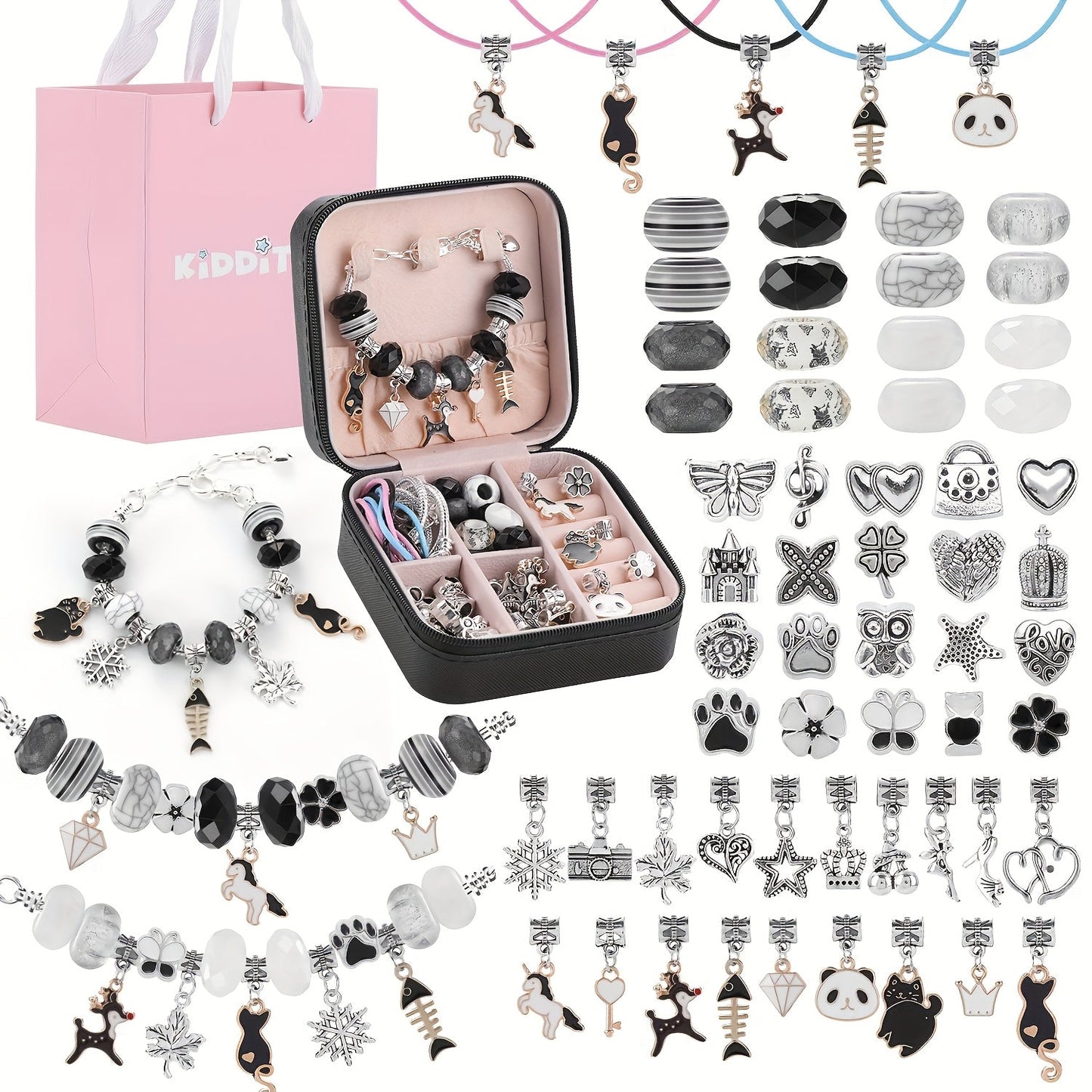 Bracelet Making Craft Kit with Portable Jewelry Box, Beads and Charms in Seven Color or Theme Options