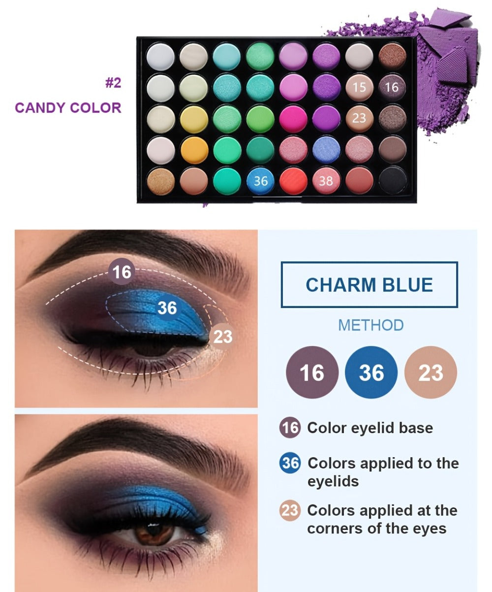 Complete Eye Makeup Kit 40 Color Eyeshadow Palette with Mascara Eyeliner Eyebrow Pencil & Brush — Matte Shimmer Glitter Pigmented