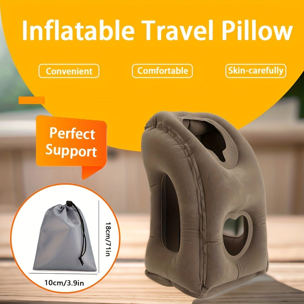 Inflatable Upright Travel Pillow with Face and Side Openings, Carry Bag and Blue, Black or Gray Color Options