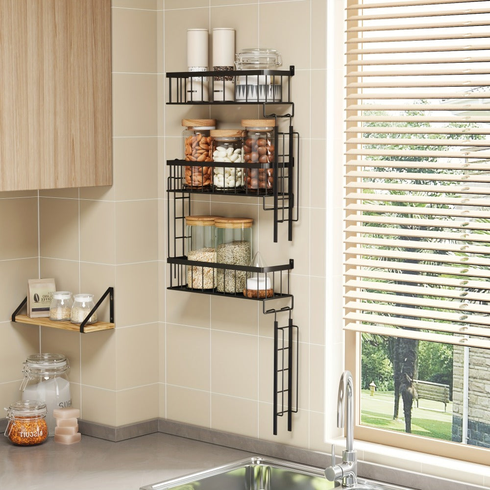 Three-Tier Black Ladder Wall Shelf with 27-Inch Height, Three Baskets and Side Hook Set for Storage