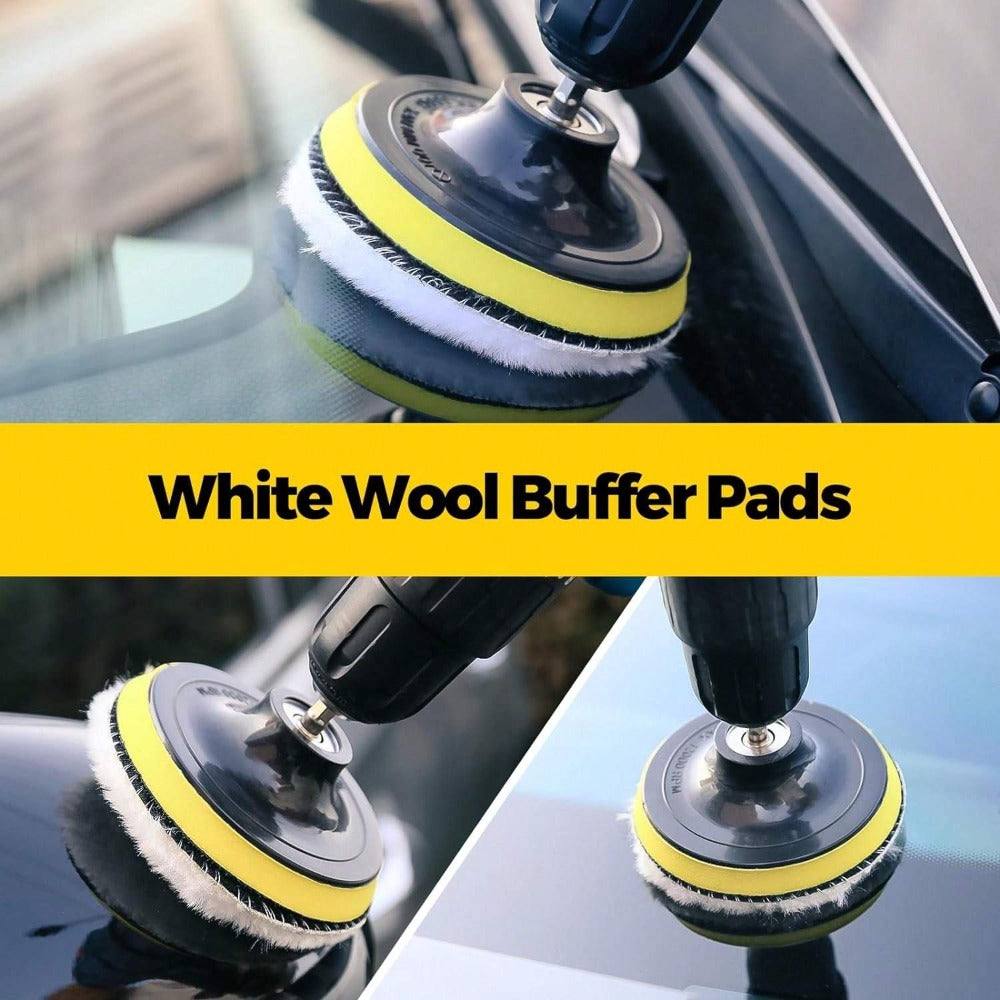 Twenty-Piece Drill Brush and Buffing Pad Kit with Scrub Heads, Sponges and Extension Rod in Yellow