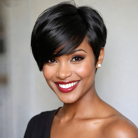 Glueless Short Pixie Cut Wig for Women – Layered Bob Synthetic Wig Beginner Friendly No Glue Easy Wear 6 Inch Burgundy Olive Brown for Halloween Christmas Party Daily Use