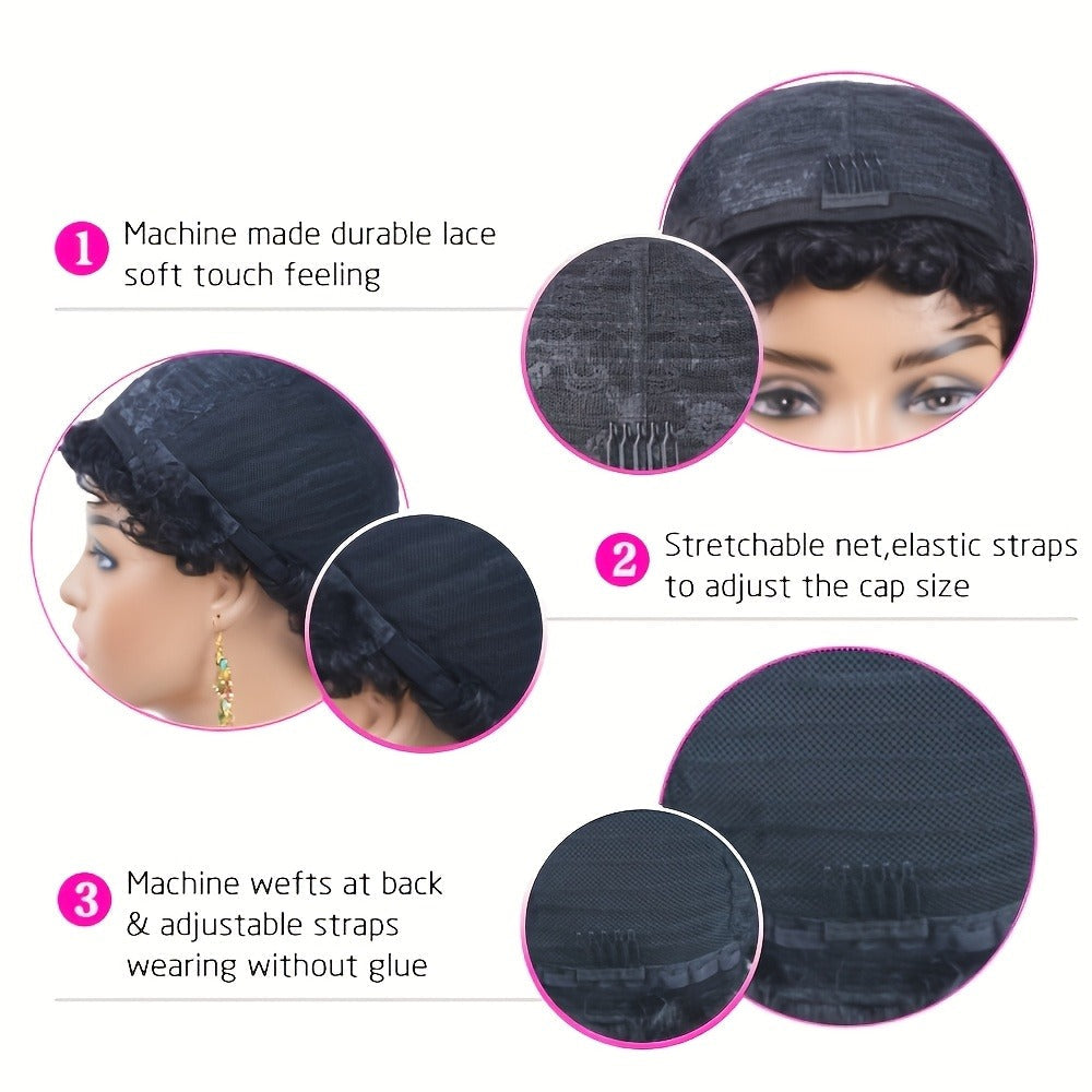 6-Inch Kinky Curly Afro Human Hair Wig with Glueless Cap and Deep Grey, Camel or Ginger Color