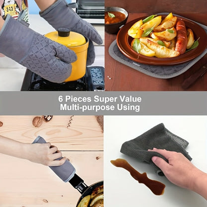 Oven Mitts and Pot Holders Set 6 Piece Heat Resistant Kitchen Gloves Non-Slip Cooking Mitts with Potholder