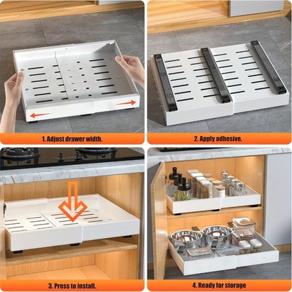 Expandable Pull-Out Cabinet Shelf with Adjustable Width, 16.5- or 21-Inch Depths and Black or White Pack Options