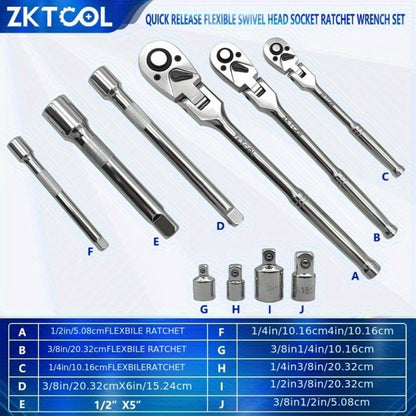 Swivel Head Ratchet Wrench Set – Spring-Loaded Flex Head 1/4" 3/8" 1/2" Drive with Extension Bar, Single or Multi-Pack for Auto & Mechanical Repair
