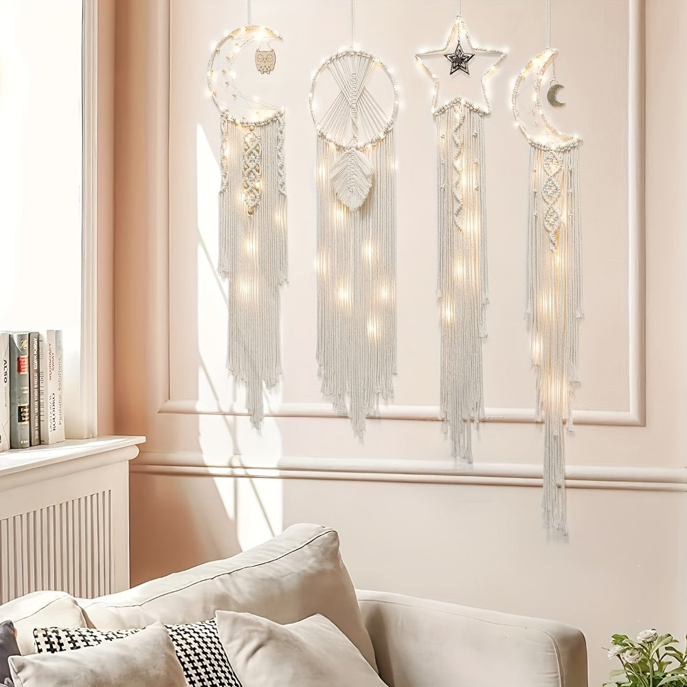 Woven Dream Catcher Wall Decor, Four-Piece Set with Cream Moon, Star and Ring Forms plus Tassels