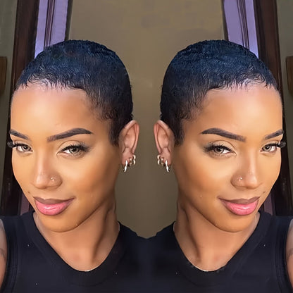 Deep Wave Pixie-Cut Human Hair Wig with Bangs and Short Full Cap in a Black 4-Inch Hair Style