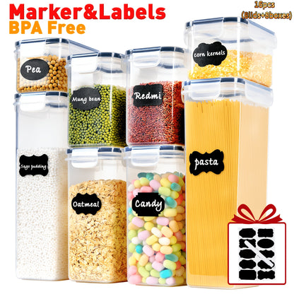 Airtight Food Storage Containers with Lids, BPA Free Leakproof Stackable Kitchen Organizer Set for Grain Nuts Cereal Pasta Dog Cat Food, with Labels & Marker