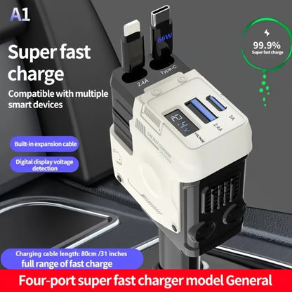 Dual Retractable Cable Car Charger 4-in-1 with Lightning & Type-C 31in, 2 USB-A Ports & Voltage Supervision – Tangle-Free Fast Car Phone Charger for iPhone Samsung Android, Multi Port Car Charging Adapter 4 Colors