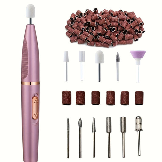 Electric Nail Drill 11-Bit Variable Speed Pen Kit in Pink with Sanding Bands and Compact Controls