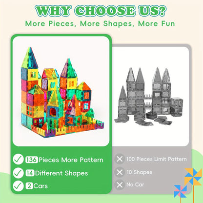 Magnetic Tiles Building Sets in 80, 106 or 136-Piece Options with Multicolor Translucent Shapes and Vehicle Bases