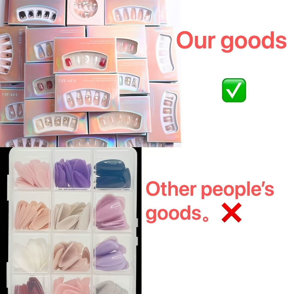 288pcs Press On Nails Mixed Color Square – White French Stripes Brown Blue Purple Gradient Glitter Heart Leaf Matte Reusable Fake Nails | Holiday Manicure Kit for Women | Valentine Christmas Easter