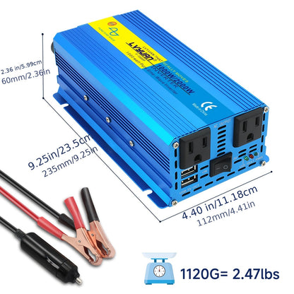 Blue 12V or 24V DC to 110V AC Power Inverter with 2000W Checkout Labels, USB Port and Battery Cables