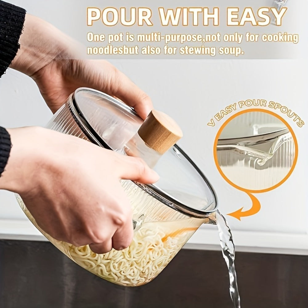 Ribbed Transparent Glass Cooking Pot with Lid in 60.87oz or 77.77oz Sizes, Clear Side Handles and Pouring Spout