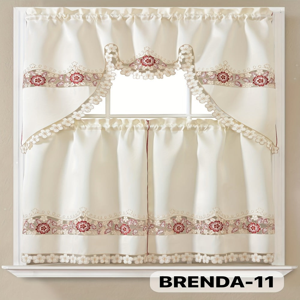 Three-Piece Patterned Kitchen Curtain Set with One Valance, Two Tiers and Forty-Six Exact Design Options