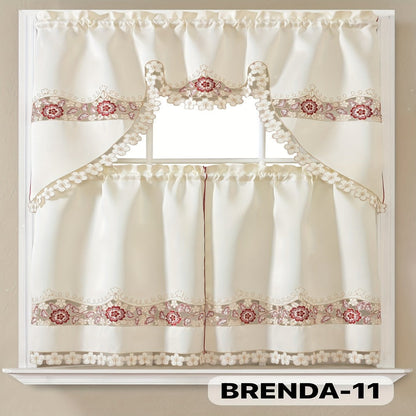 Three-Piece Patterned Kitchen Curtain Set with One Valance, Two Tiers and Forty-Six Exact Design Options