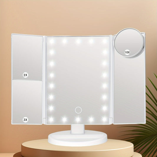 Trifold LED Vanity Mirror with 1X 2X 3X 10X Magnification Touch Screen Adjustable Brightness - USB Powered Lighted Folding Cosmetic Mirror for Bathroom Dressing Table Women