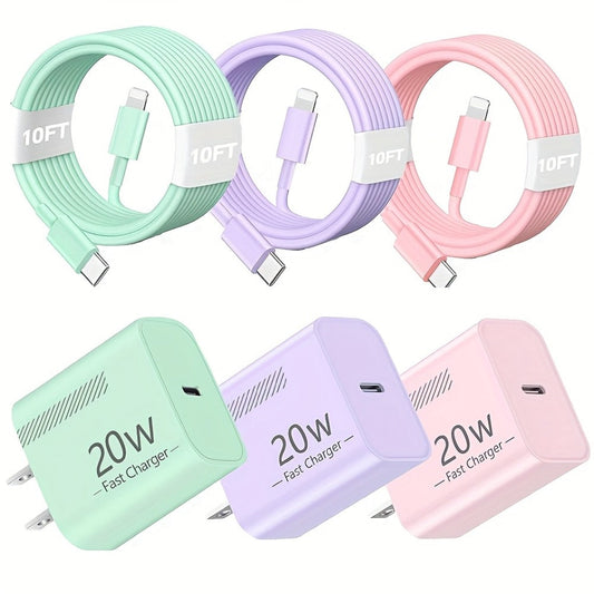 20W iPhone Fast Charger Bundle 3-Pack with 10ft L-Shaped Lightning Cable – 3 Chargers + 3 Cables Set for iPhone 14 13 12 11 Pro Max SE XR – Multi-Color USB-C Wall Charger Kit Family Value Pack