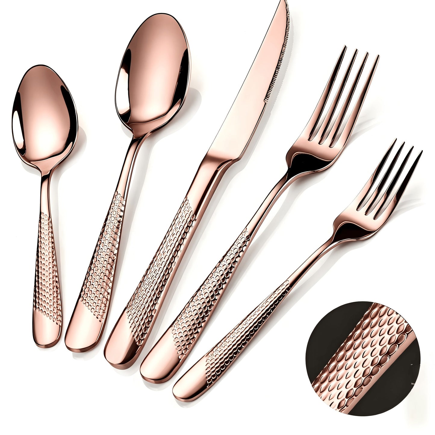 Stainless Steel Flatware Set 40/48 Piece – 304 Silverware Set for 8 Hammered Mirror Polished Rose Gold Cutlery with 2-in-1 Serrated Knife Dishwasher Safe Modern Utensils for Home Restaurant Wedding