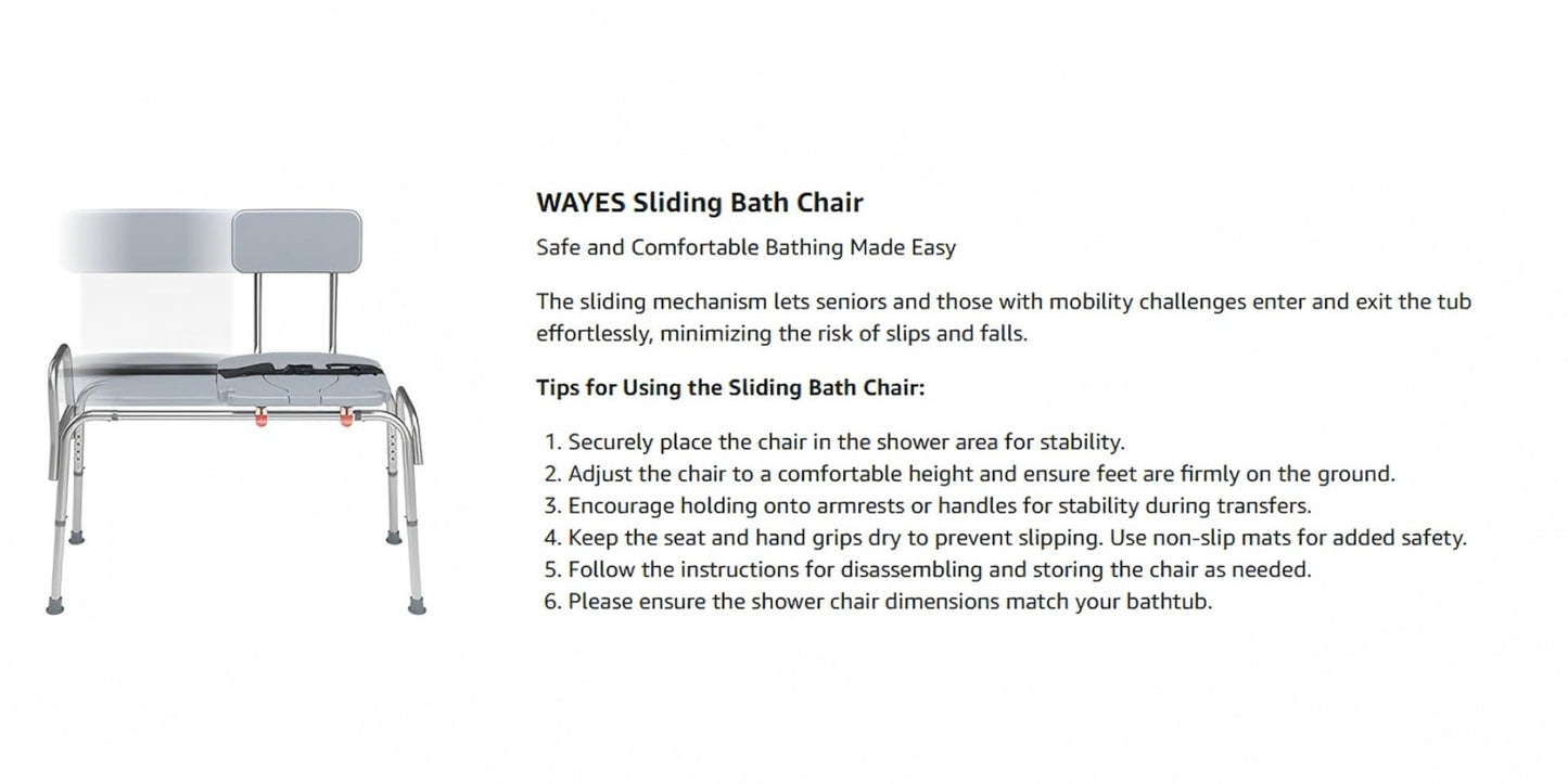 Sliding Bathtub Transfer Bench with Reversible Grey Seat, Safety Rail, Backrest and Adjustable Legs