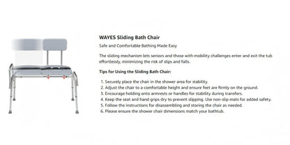 Sliding Bathtub Transfer Bench with Reversible Grey Seat, Safety Rail, Backrest and Adjustable Legs