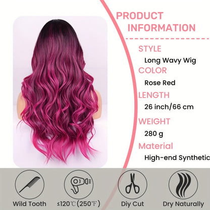 Synthetic Wig 26-Inch Ombre Rose-Red to Dark-Purple Body Waves with Bangs and Side Part for Cosplay