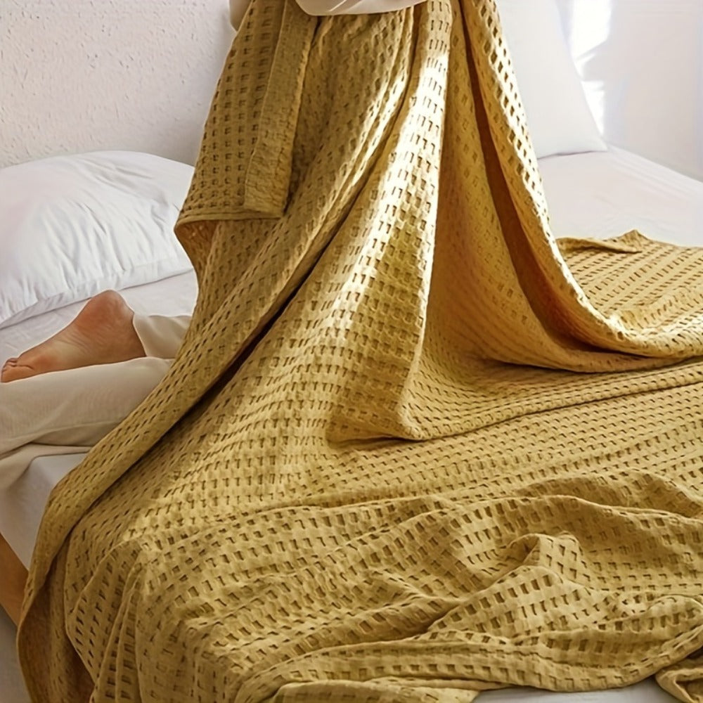Cotton Waffle Blanket – Pure Cotton Multilayer Summer Cooling Quilt, Jacquard Knit, Machine Washable, Air Conditioning Blanket