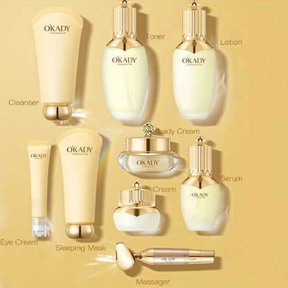 Skincare Set with OKADY Label, 9 Ginseng Products Including Cleanser Toner Essence Serum and Creams
