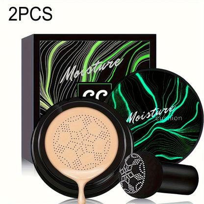 Mushroom Head Air Cushion Foundation 2pcs BB CC Cream Set Hydrating Waterproof Buildable Coverage Pore Invisible Long Lasting Natural Dewy Finish Face Makeup for Women